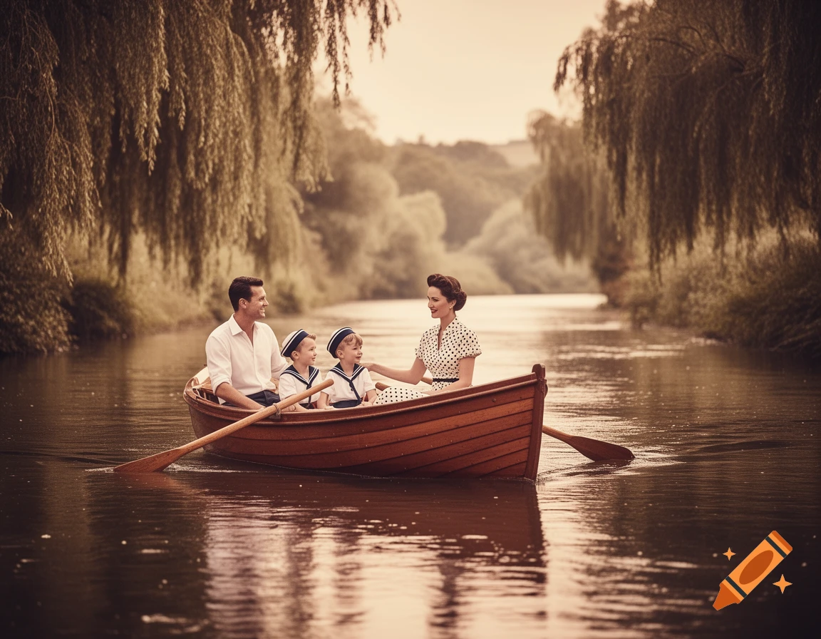 A family in vintage attire rows a wooden boat down a serene river lined with willow trees.
