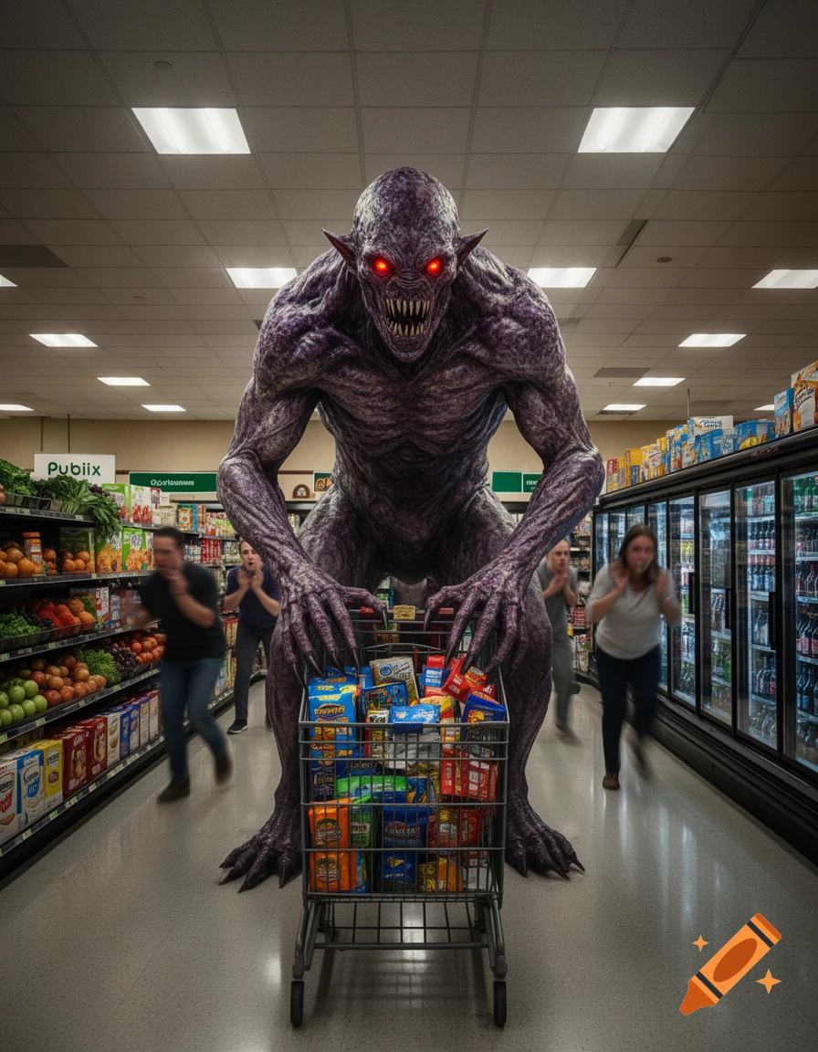 A large, purple-skinned monster with glowing red eyes and sharp teeth pushes a full shopping cart down a supermarket aisle, scaring shoppers who run away in terror.