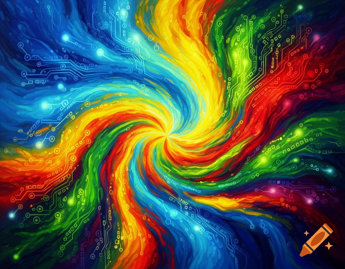 Vibrant abstract swirl of rainbow colors interwoven with glowing circuit board patterns.