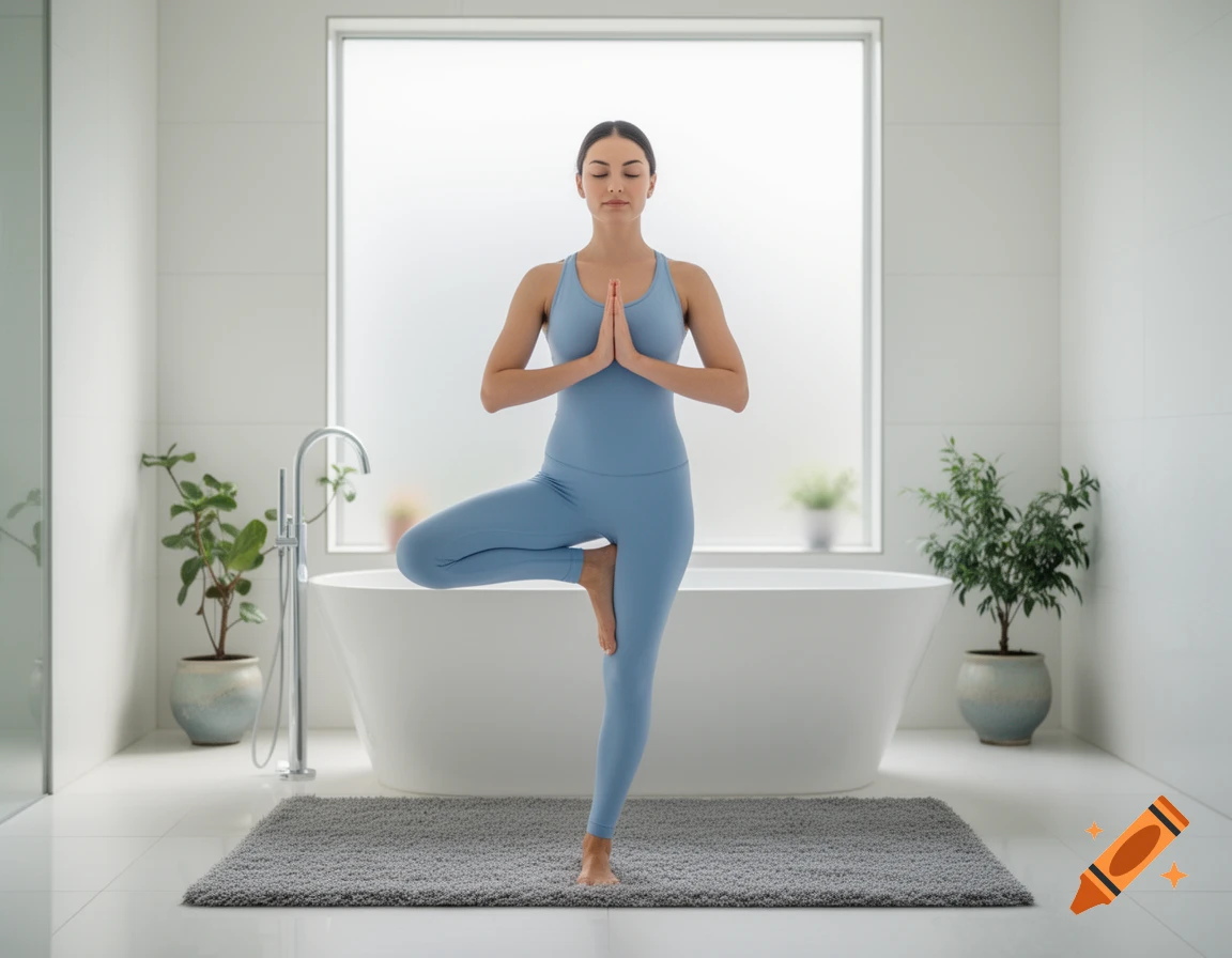 A woman in a light blue jumpsuit performs a yoga tree pose in a modern white bathroom with a freestanding tub.