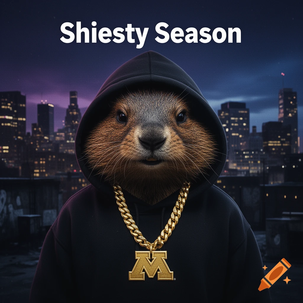 A gopher wearing a black hoodie and a thick gold chain with a large 'M' pendant stands on a rooftop against a city skyline at night, with 'Shiesty Season' written above.