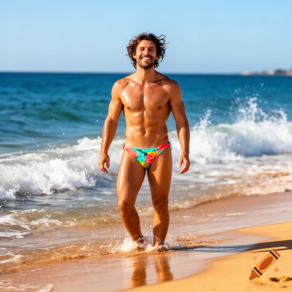 A smiling, muscular man with wet, curly hair walks out of the blue ocean onto a sandy beach, wearing a colorful floral speedo.