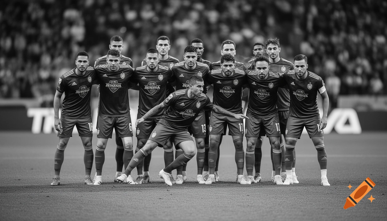 A black and white photorealistic image of a team of male soccer players in uniform posing on a field, with one player kneeling in front.