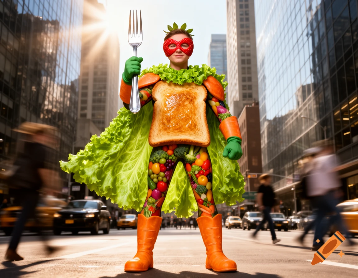 A food-themed superhero in a lettuce cape, toast chest plate, and fruit/vegetable suit stands in a sunny city street holding a large fork.