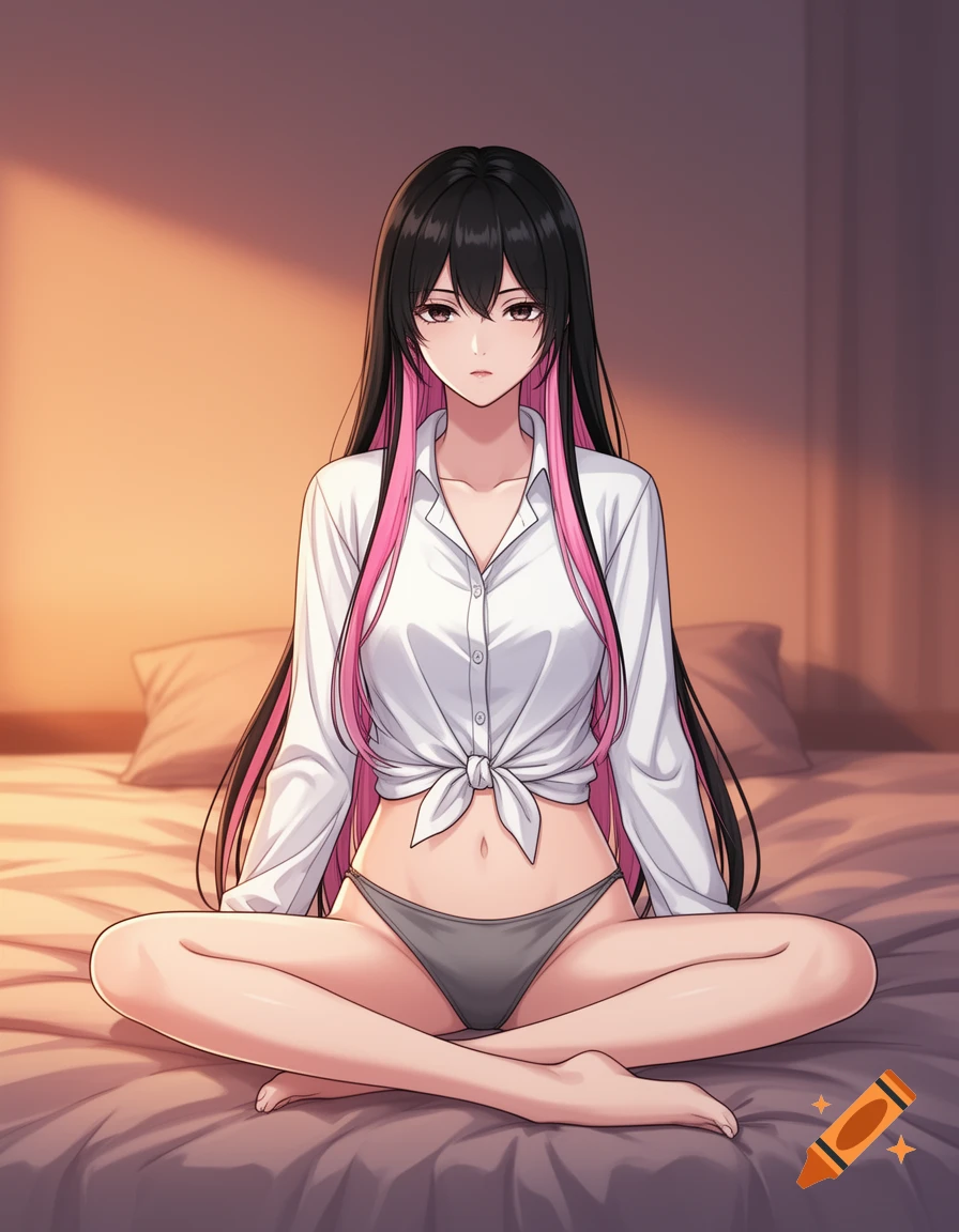 Anime-style woman with black hair and pink highlights sitting cross-legged on a bed, wearing a tied white shirt and gray bikini bottom.