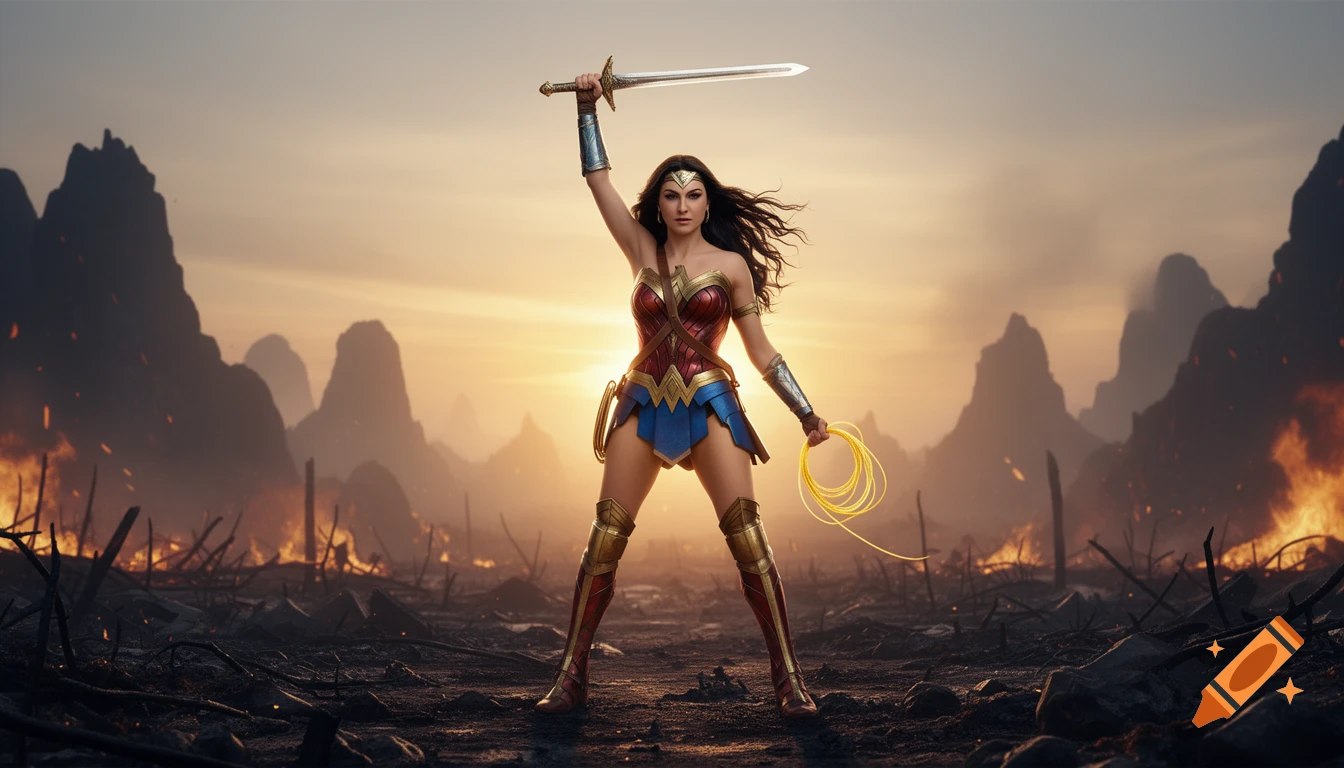 Wonder Woman stands triumphantly on a burning battlefield at sunrise, sword raised overhead, lasso in hand. Photorealistic.