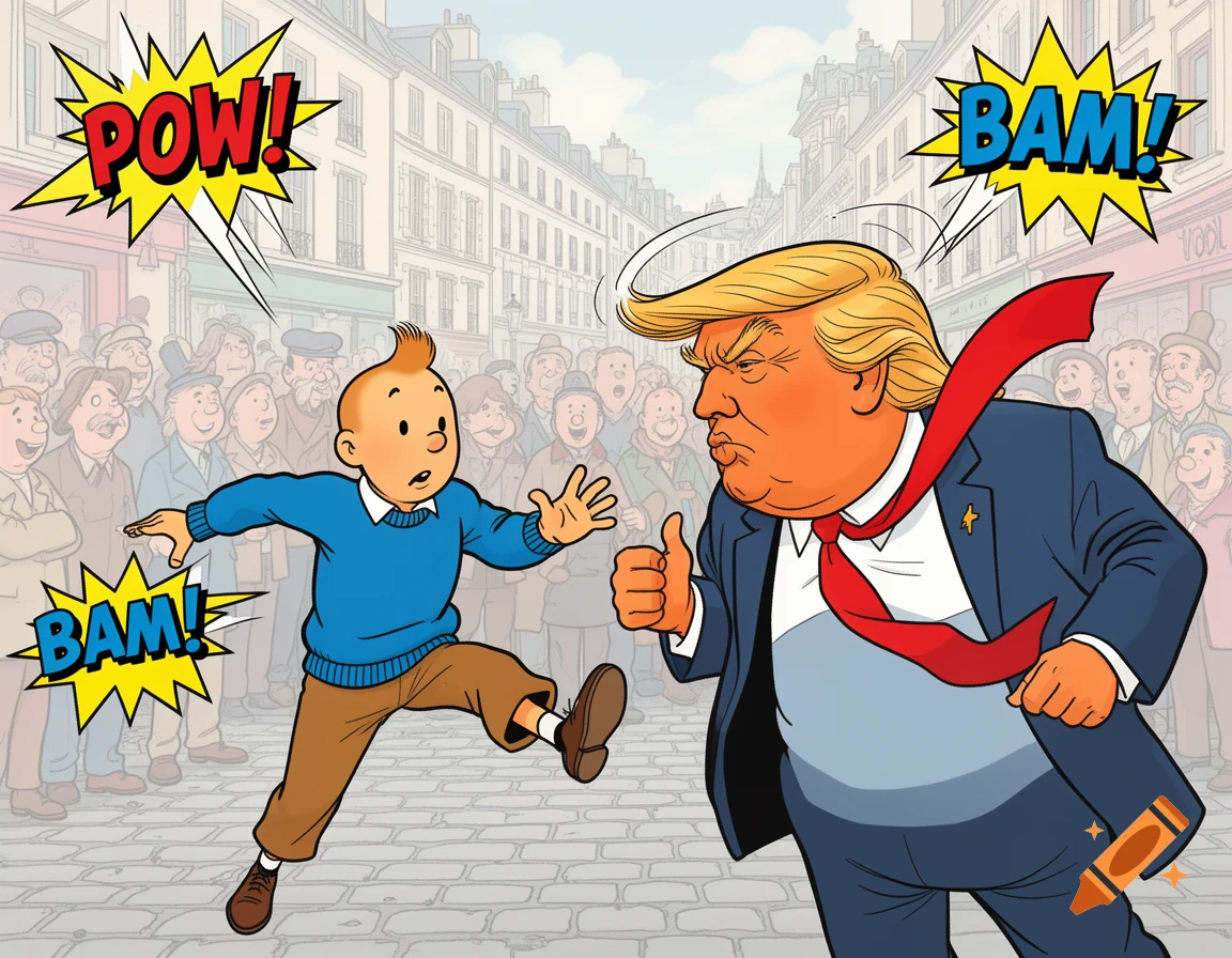 Tintin in a comic book street scene with "POW!" and "BAM!" sound effects, alongside a caricature of Donald Trump.