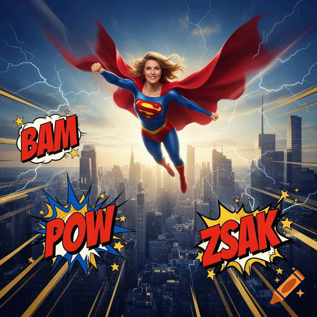 Superwoman flies over a city at sunset in comic book style, with BAM, POW, ZSAK text bubbles and lightning.