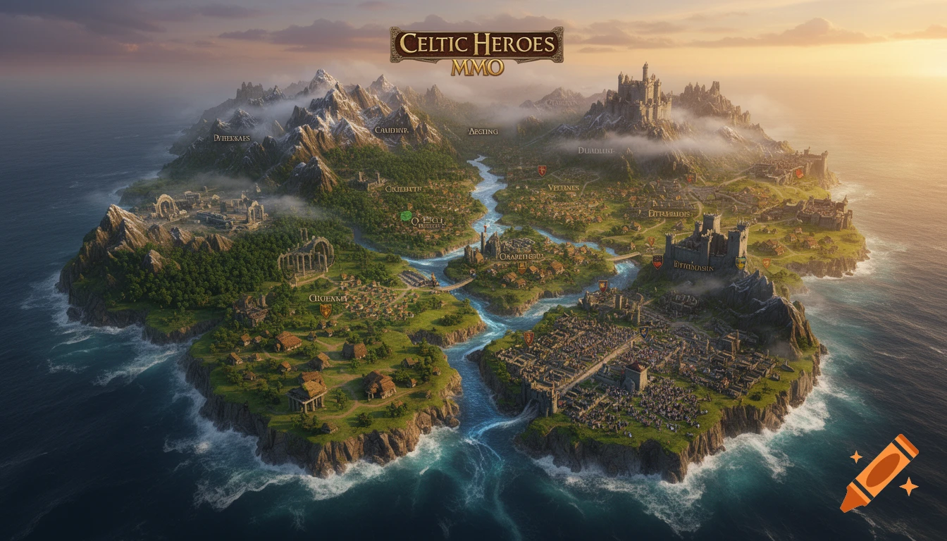 An isometric fantasy map depicting multiple islands connected by rivers, featuring mountains, forests, castles, and towns under a dramatic sky. The title "CELTIC HEROES MMO" is at the top.