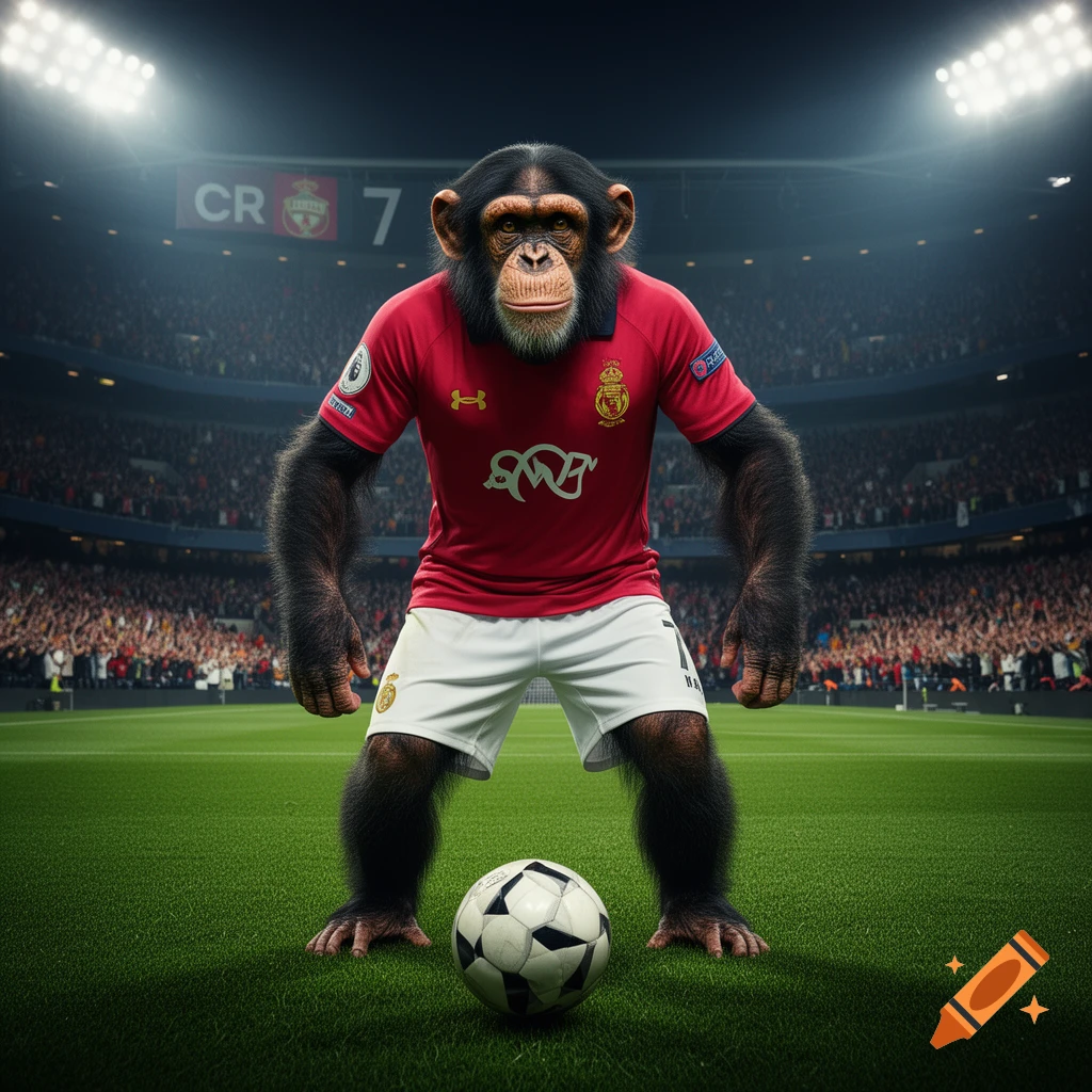 A photorealistic chimpanzee in a red soccer jersey and white shorts stands on a green field in a stadium with a soccer ball.
