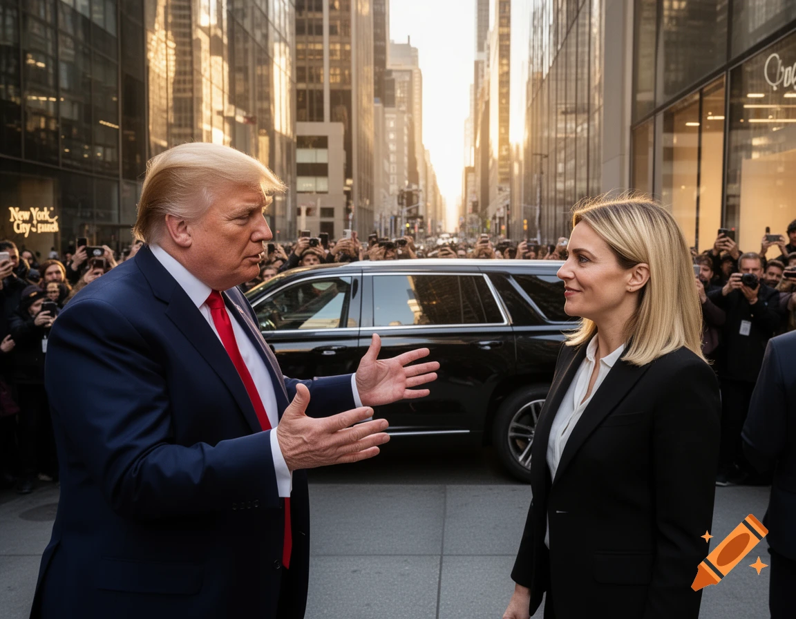 Donald Trump gestures while speaking to a woman in a black suit on a busy city street with tall buildings and a crowd.