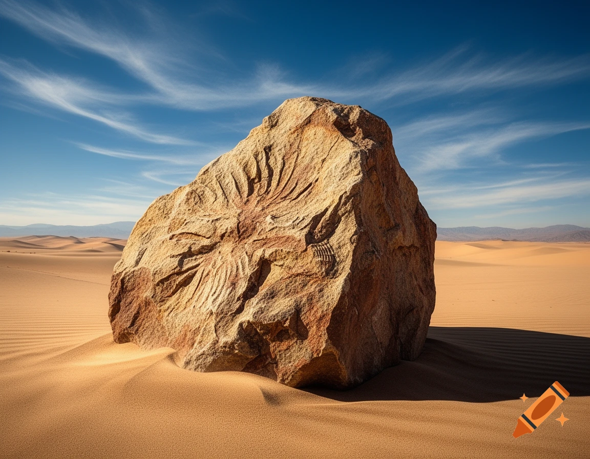 A large, carved rock stands in a vast, sandy desert under a clear blue sky.