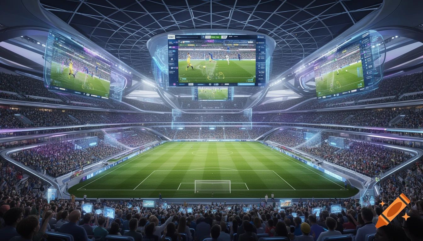 A futuristic football stadium filled with a large crowd, featuring large 3D screens displaying a game with AI-enhanced graphics.