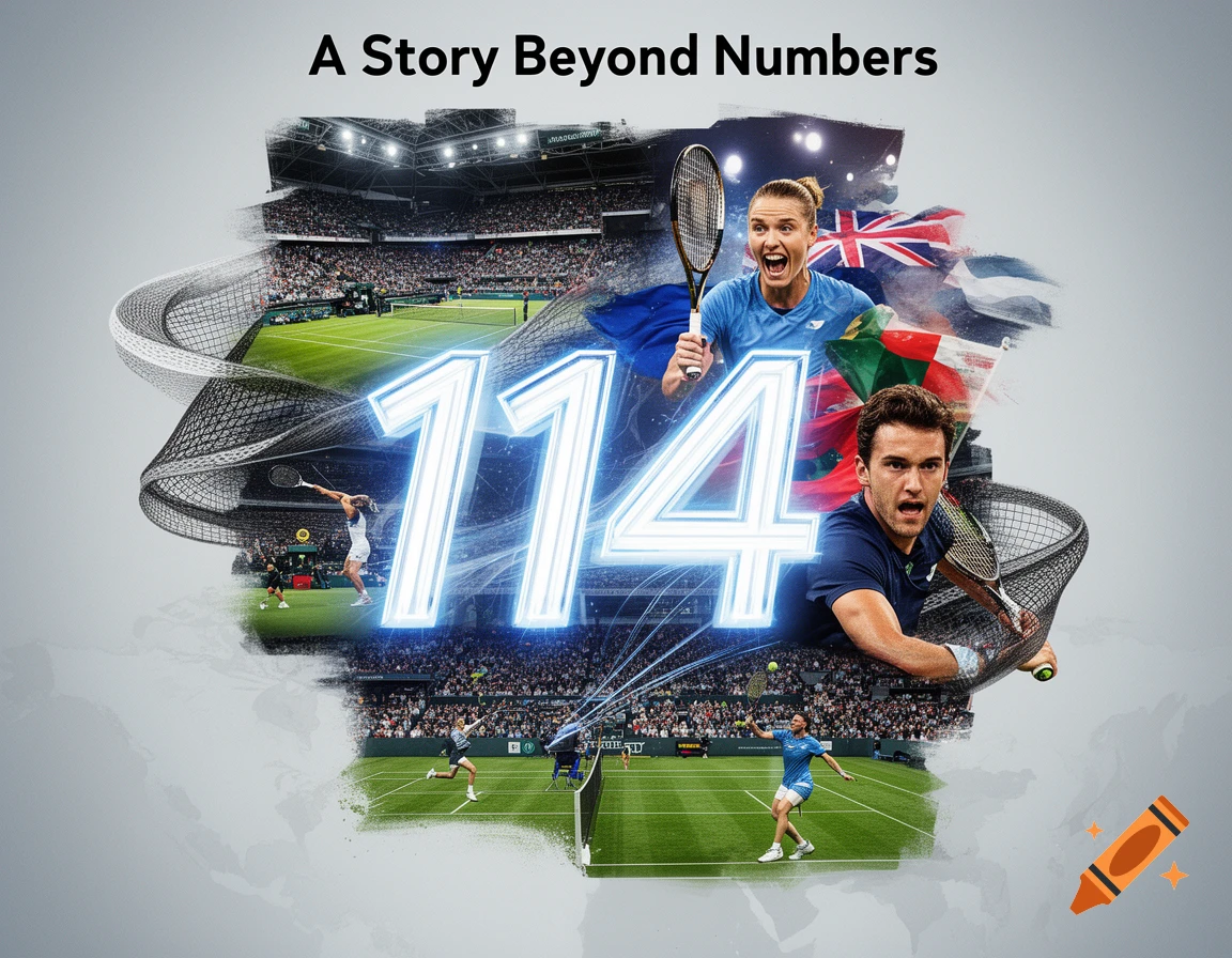 A dynamic tennis collage featuring two expressive players, a tennis court, and flags, with glowing numbers '114' and text 'A Story Beyond Numbers' floating above.