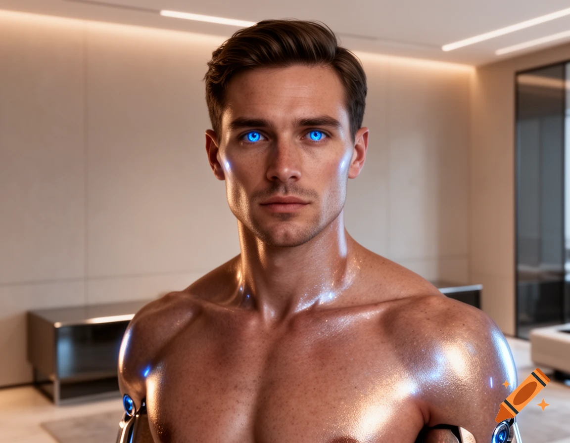 Close-up of a photorealistic male android with glowing blue eyes and metallic shoulders in a modern interior.