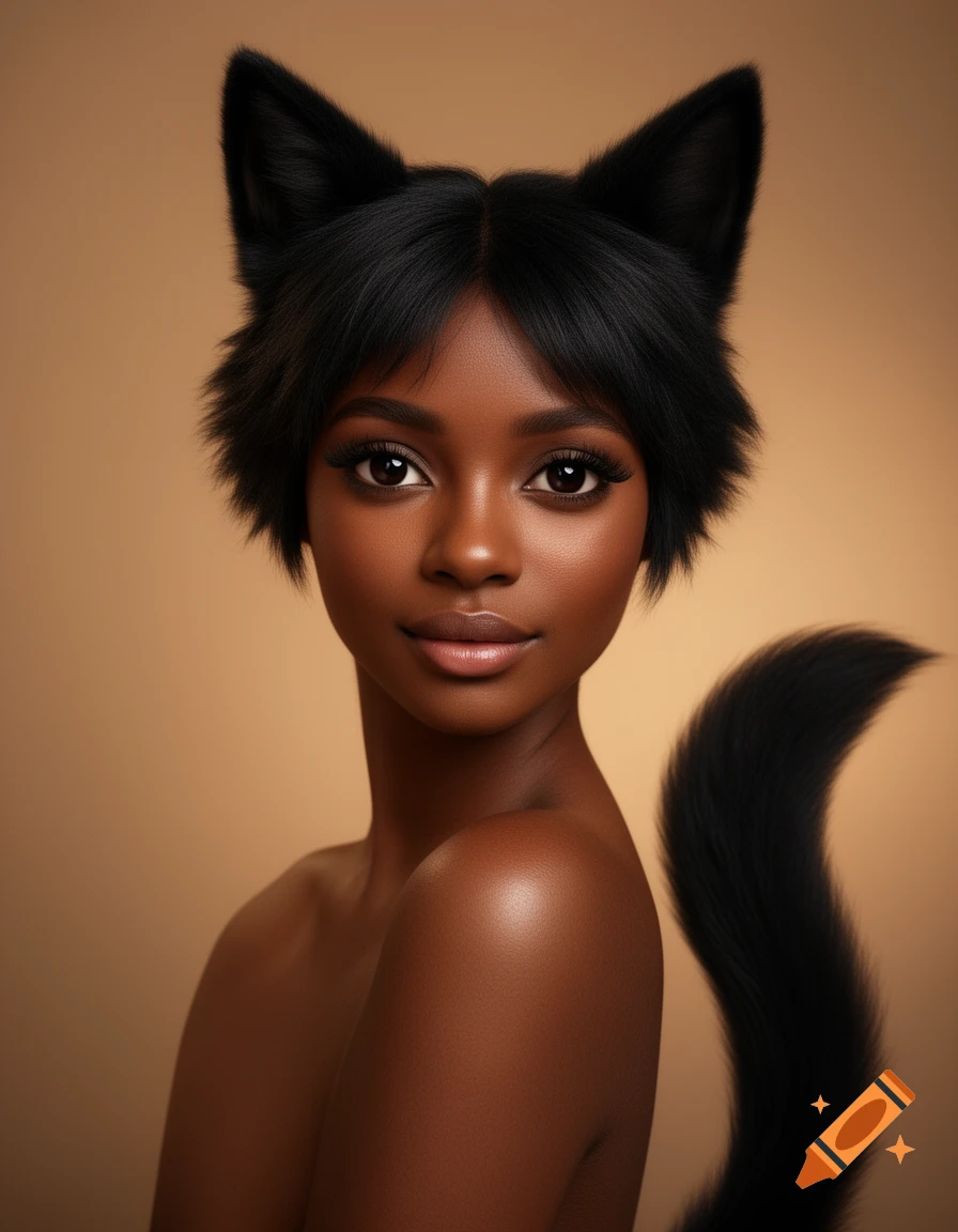 Photorealistic portrait of a dark-skinned female wolf demi-human with black furred ears and tail against a tan background.