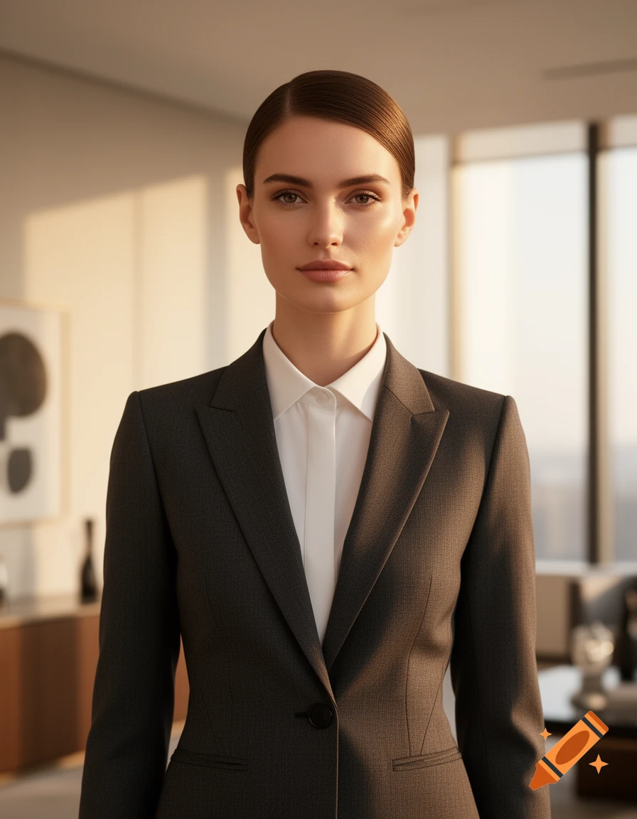 A photorealistic portrait of a young woman with her hair pulled back, wearing a dark gray business suit and white shirt, standing in an office with soft lighting.
