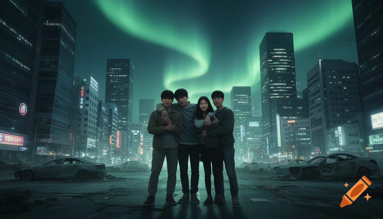Four young adults stand in a ruined Seoul city street under a glowing green aurora, with wrecked cars and dark high-rises.