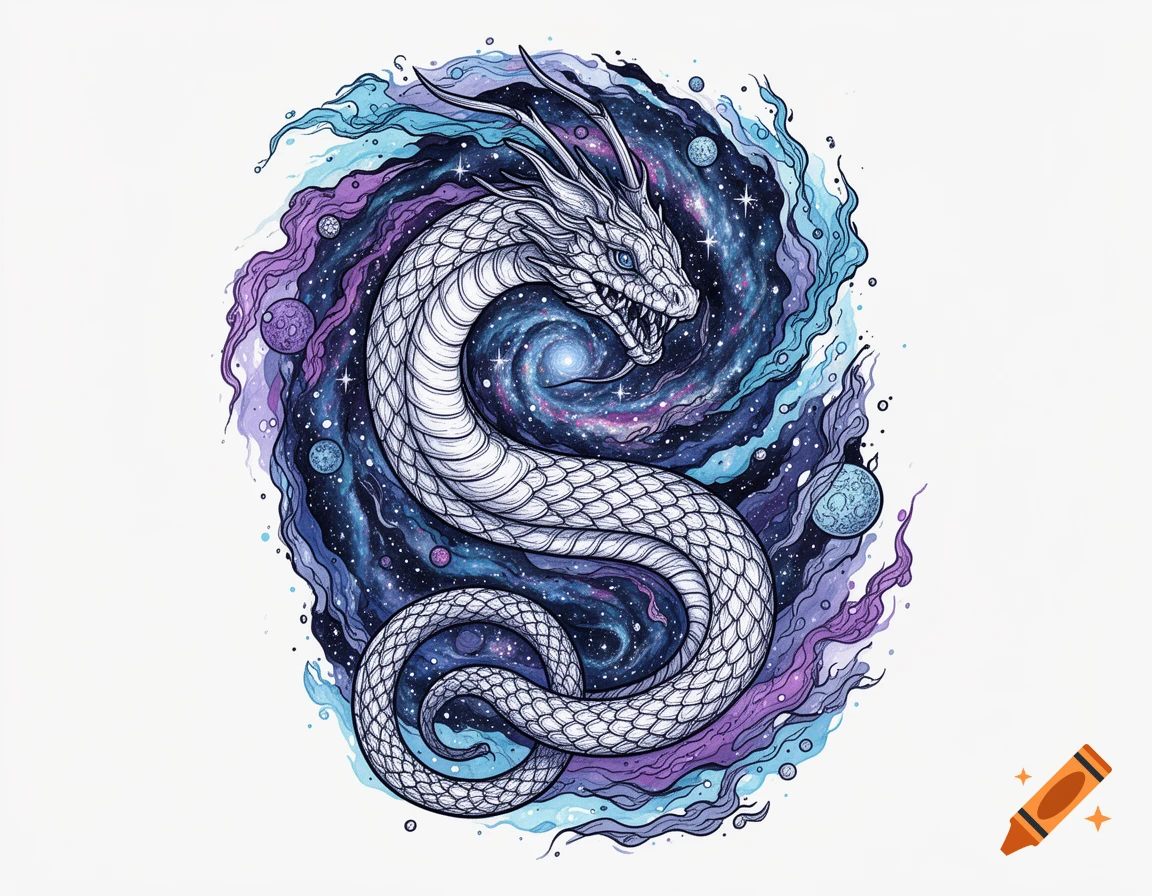 White fineline dragon with scales coiled in a vibrant blue and purple galaxy with stars and planets, tattoo art style.