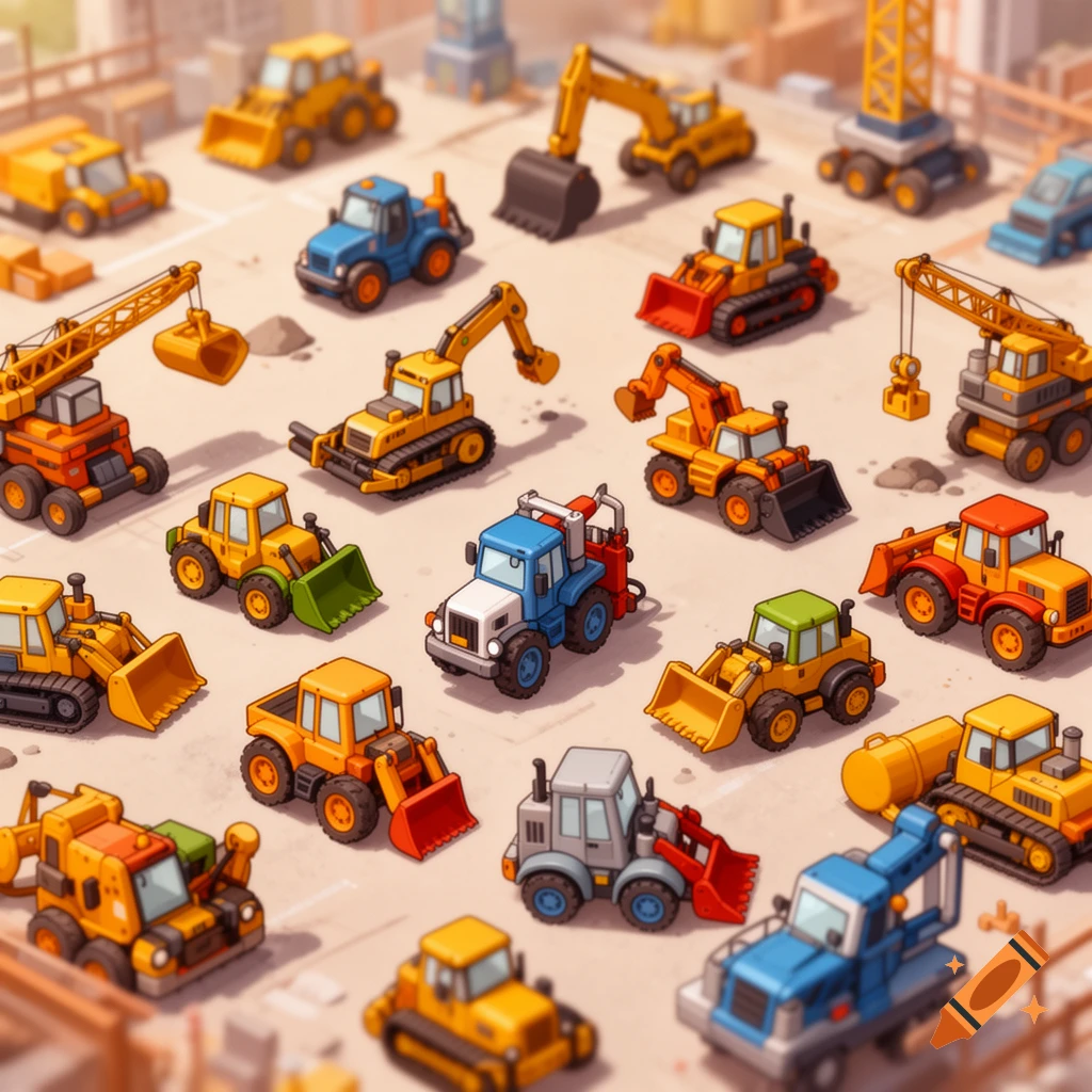 A top-down view of many colorful, stylized toy construction vehicles scattered across a light-colored ground, rendered in a cute cartoon style.