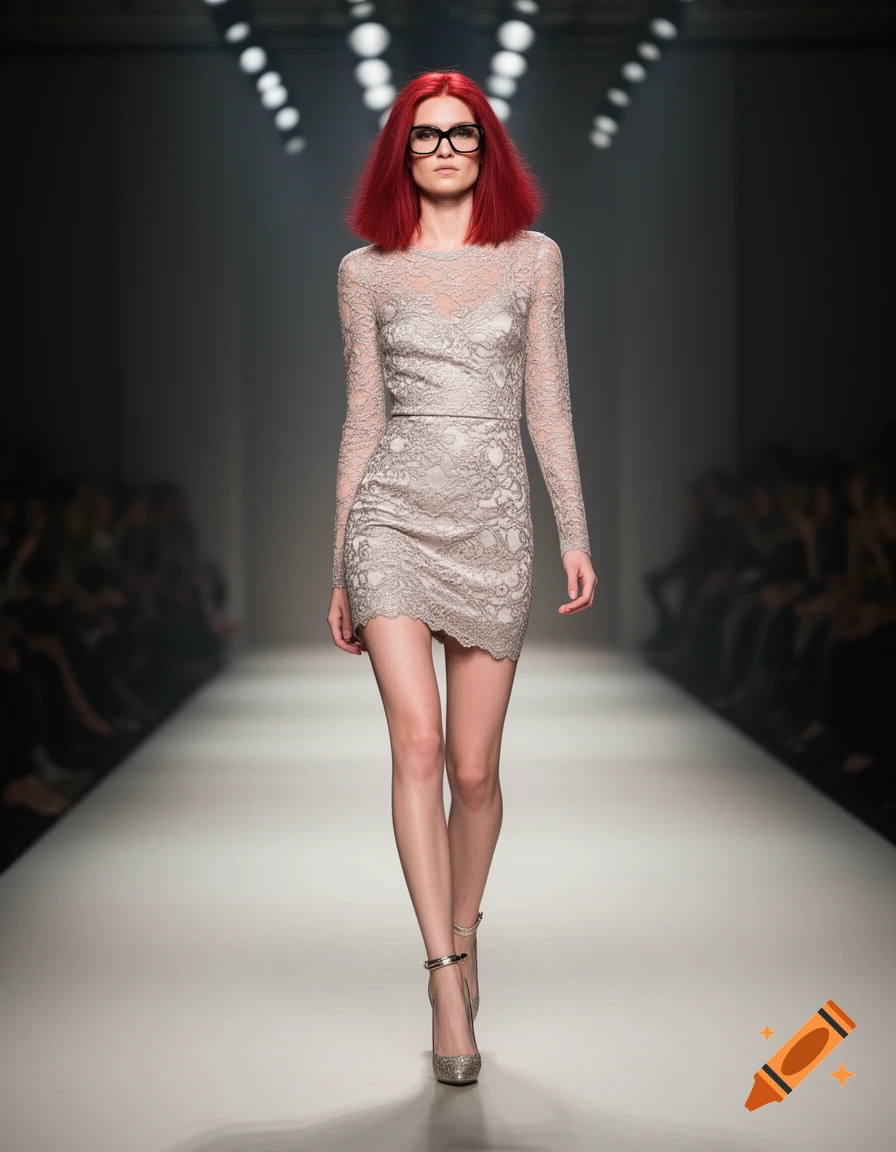 A model with red hair and glasses walks a runway in a short, beige lace dress and high heels.
