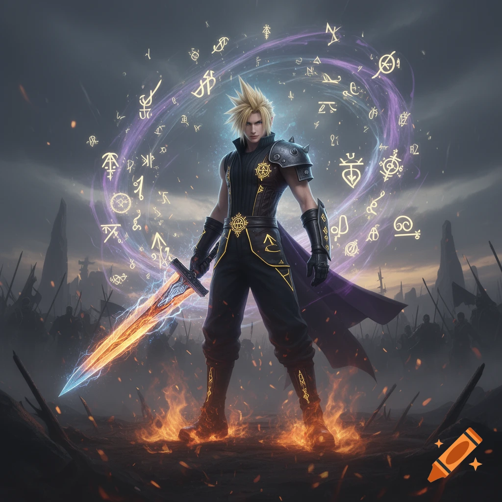 A stylized image of Cloud Strife as a battle mage, standing amidst flames with a glowing sword and an aura of golden magical runes around him. Dark, cloudy background with silhouettes of warriors.