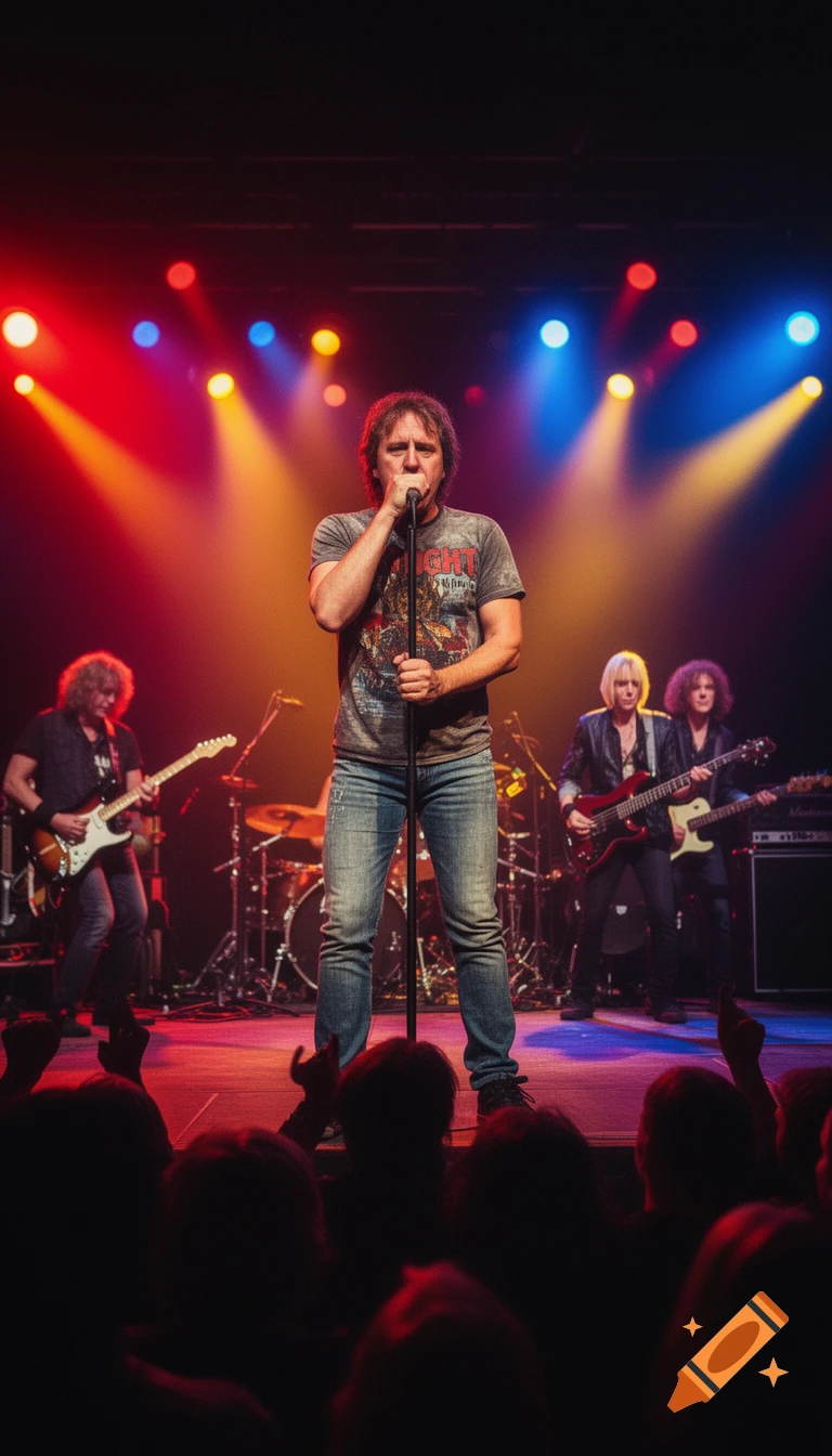 A rock band performs on stage under vibrant red, blue, and yellow spotlights, with a lead singer at the microphone and guitarists in the background, as an audience watches from the foreground in a photorealistic style.