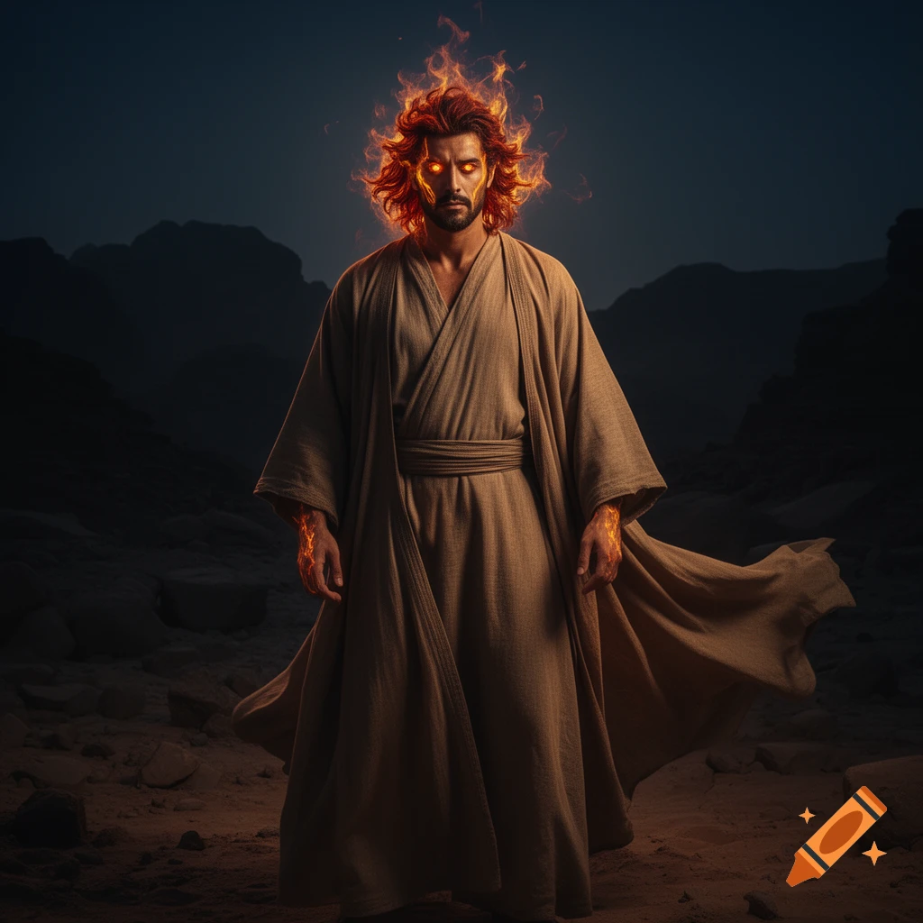 A man with fiery hair and glowing eyes, wearing a desert robe, stands in a dark, rocky landscape at dusk.