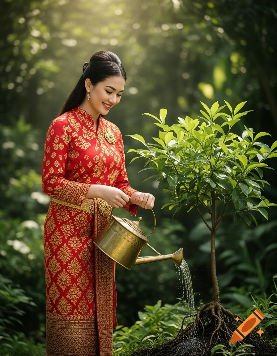 Young Thai woman in a red and gold traditional dress waters a small tree with a brass can in a lush, sunlit garden.