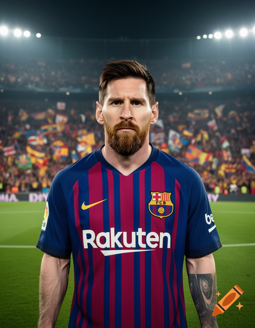 Photorealistic portrait of Lionel Messi in a red and blue striped FC Barcelona jersey, standing on a soccer field in a stadium.