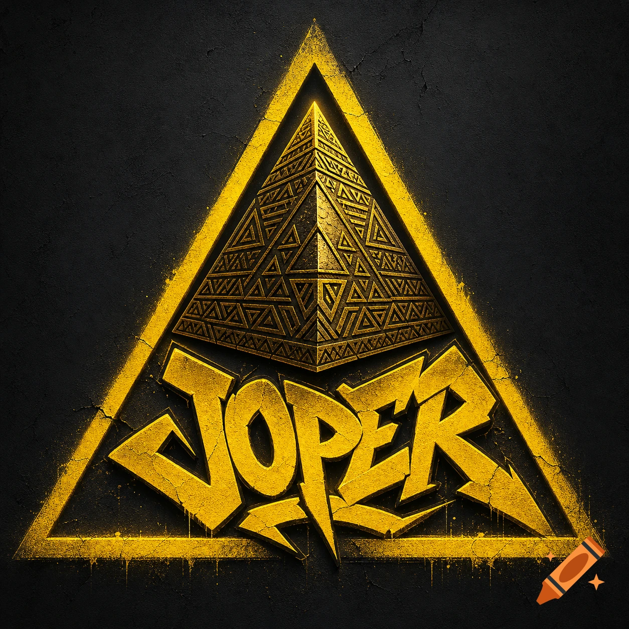 A bold yellow graffiti word "JOPER" beneath a textured gold pyramid, all enclosed within a glowing yellow triangle on a dark, gritty background.