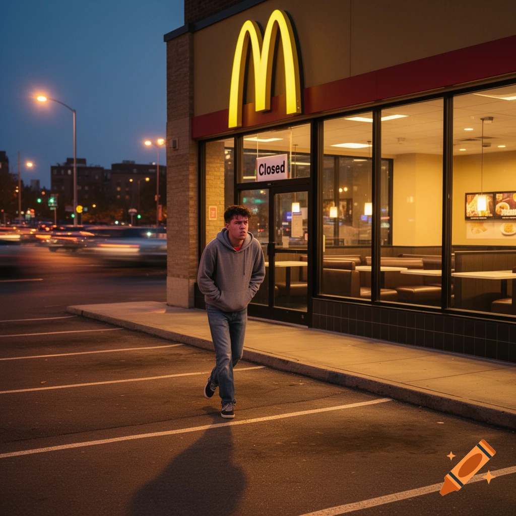 A man walks past a closed McDonald's at dusk, illuminated by streetlights and the golden arches.