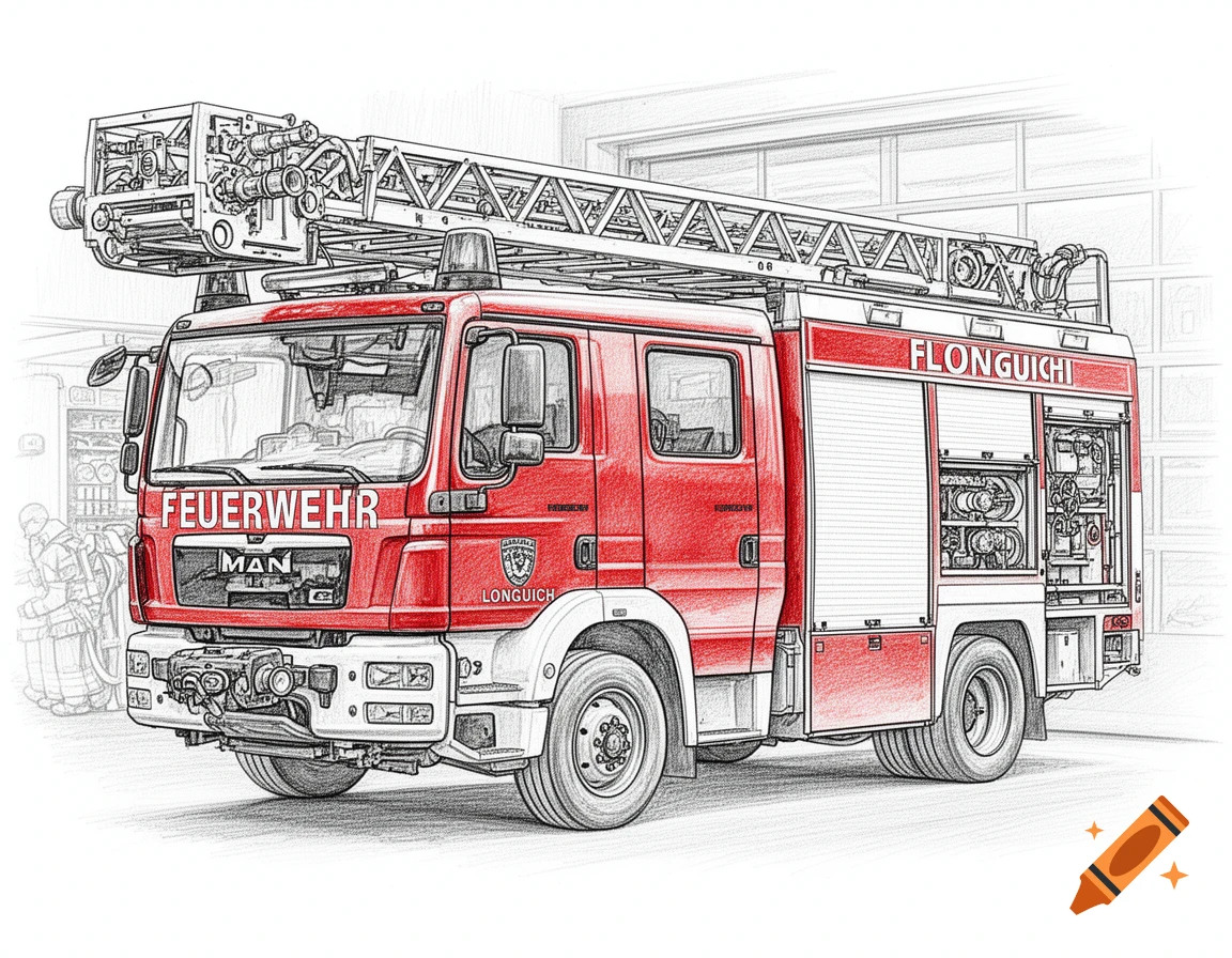 Detailed line art of a red fire truck with an extended ladder, styled as a coloring page. Text 'FEUERWEHR' is on the front, and 'FLONGUICHI' on the side.