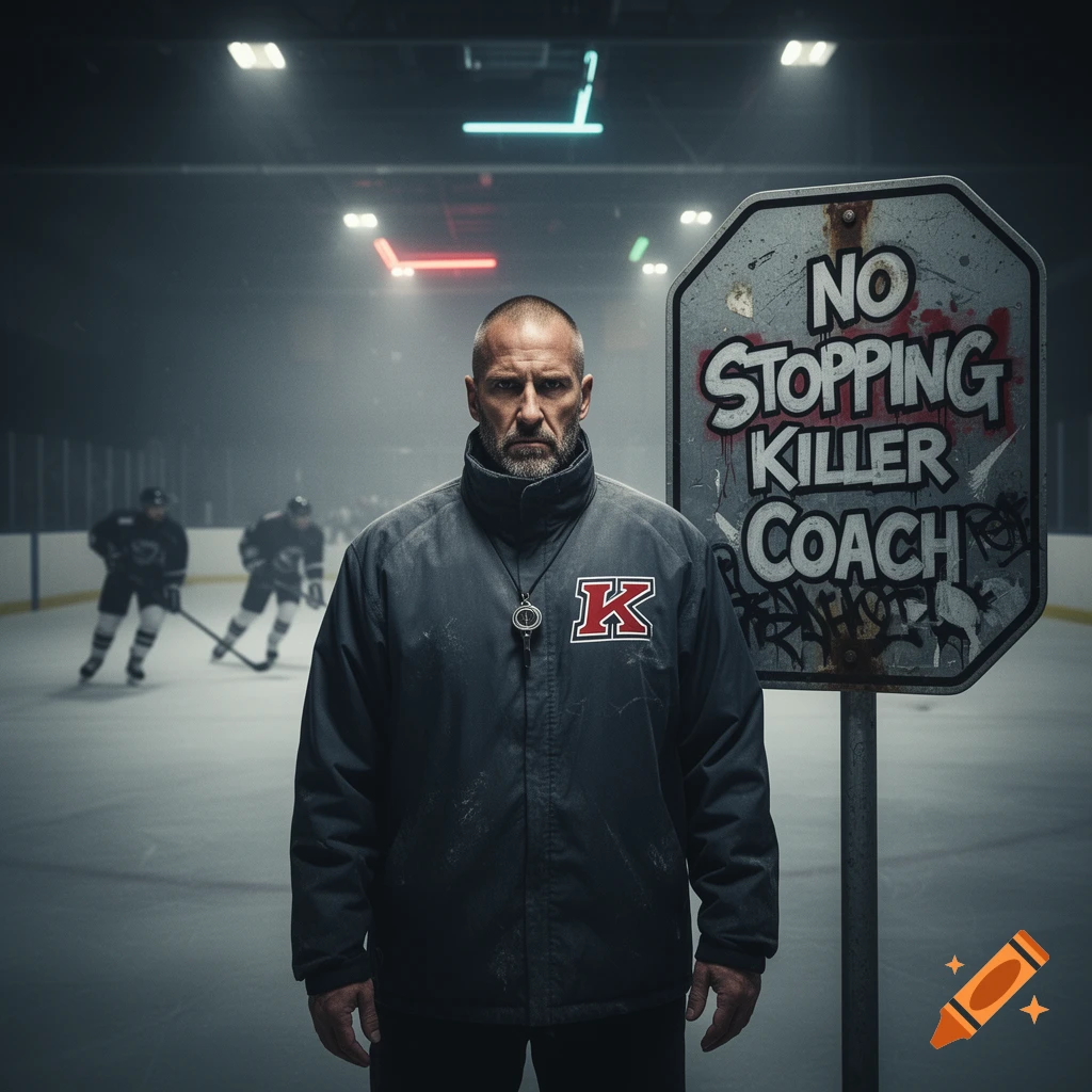 A stern hockey coach stands on an ice rink next to a 'NO STOPPING KILLER COACH' sign, with players in the background, photorealistic style.