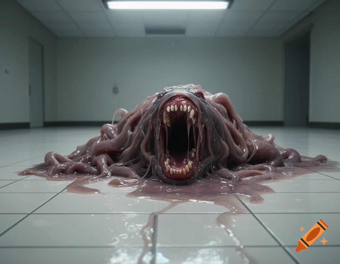 A grotesque, slimy monster with a large, fanged mouth lies on a white tiled floor, leaving a pool of fluid.