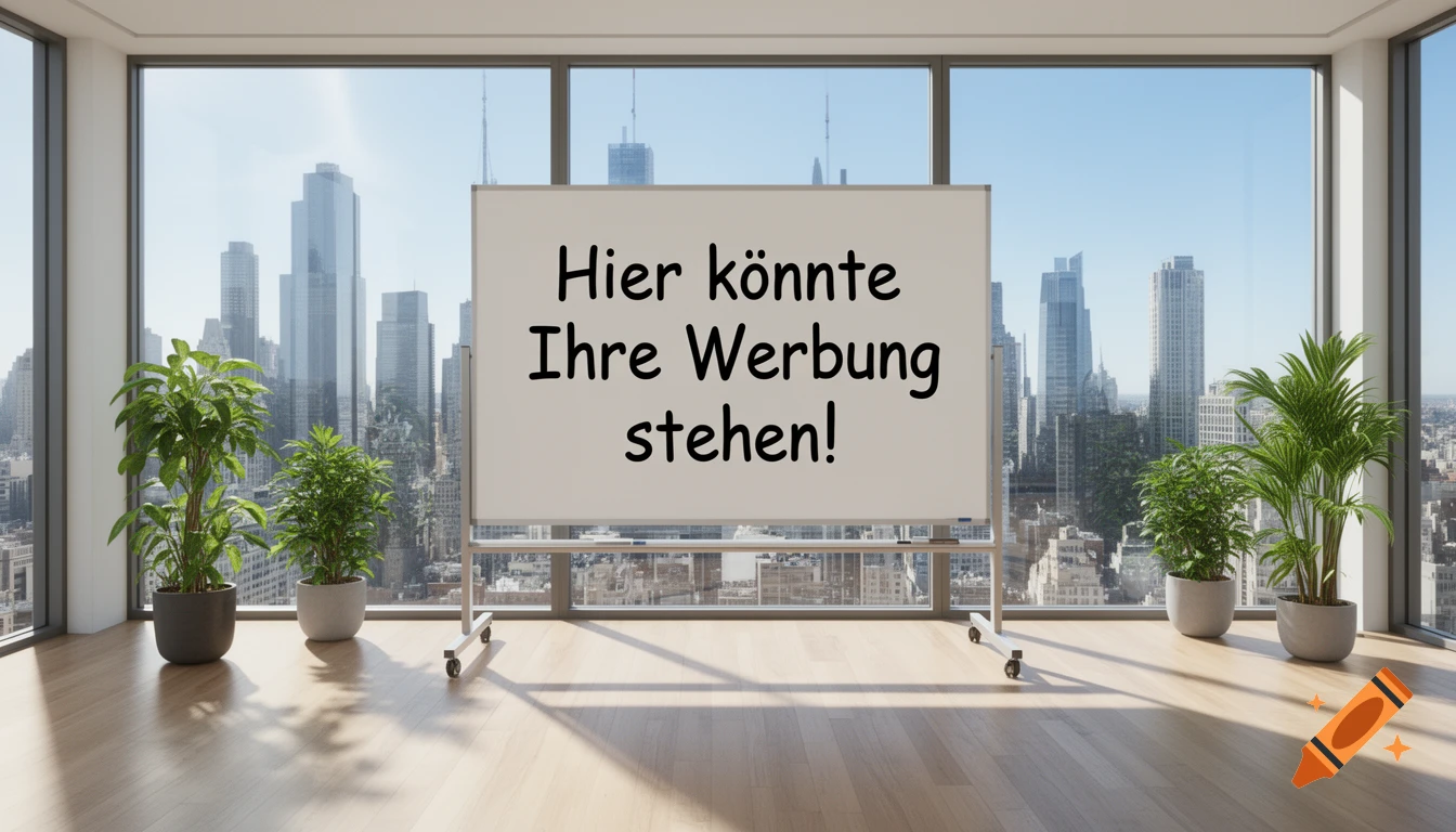A whiteboard in a modern office with large windows overlooking a city skyline, displaying the German text 'Hier könnte Ihre Werbung stehen!' (Your ad could be here!).