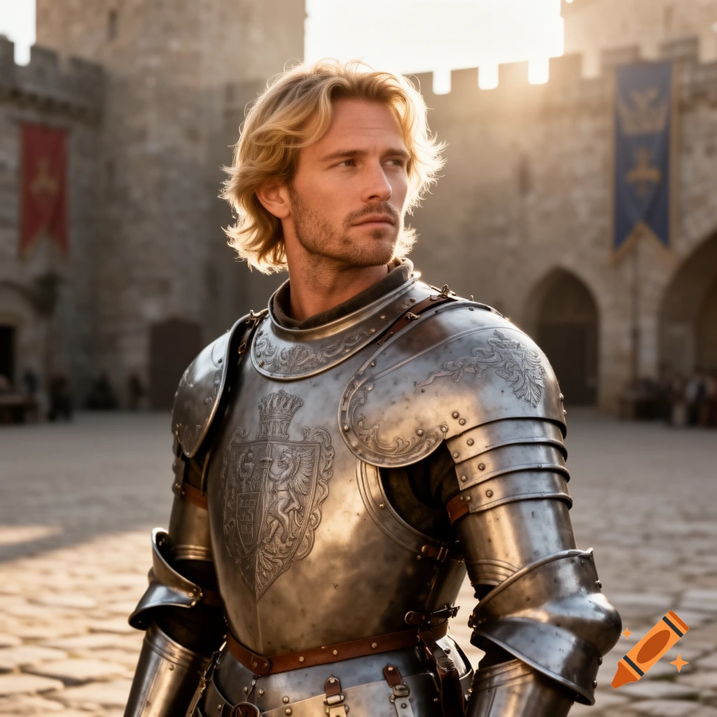 A man with blond hair and stubble wears detailed medieval knight armor in a sunny castle courtyard.
