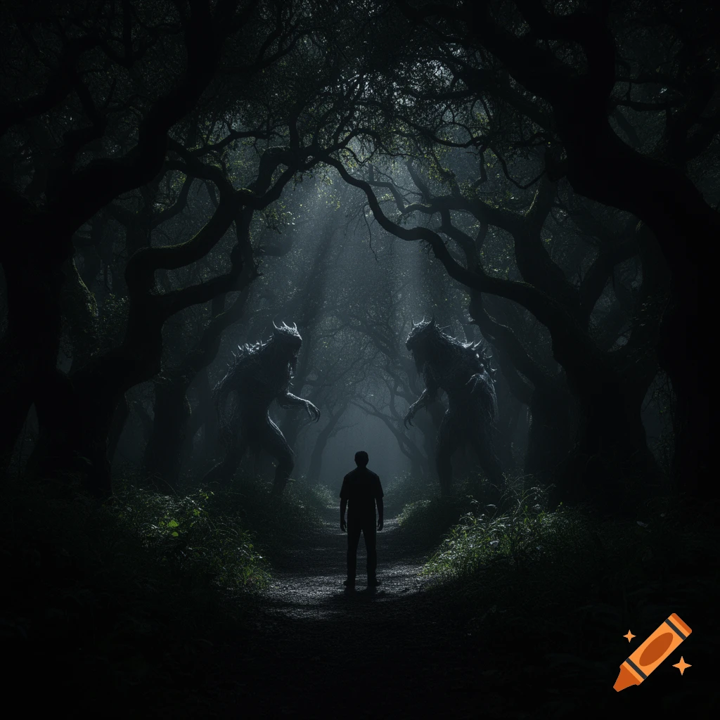 A silhouetted person stands on a dark forest path, facing two large, shadowy monsters under a misty, moonlit canopy.