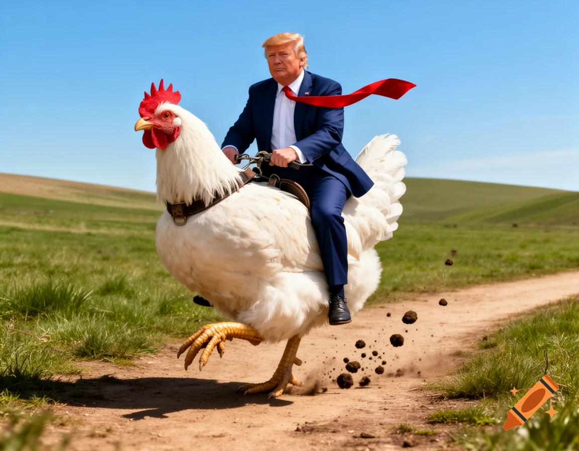 Photorealistic image of Donald Trump in a suit riding a large white chicken on a dirt path in a grassy field, with dirt flying behind the chicken.