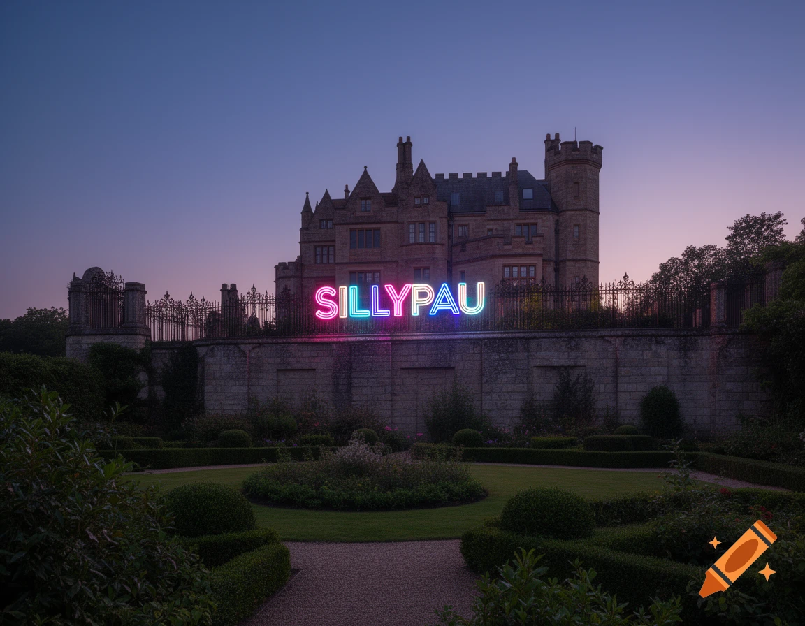 A grand fortified mansion with a glowing pink, blue, and white neon sign spelling "SILLYPAU" above a formal garden at dusk.