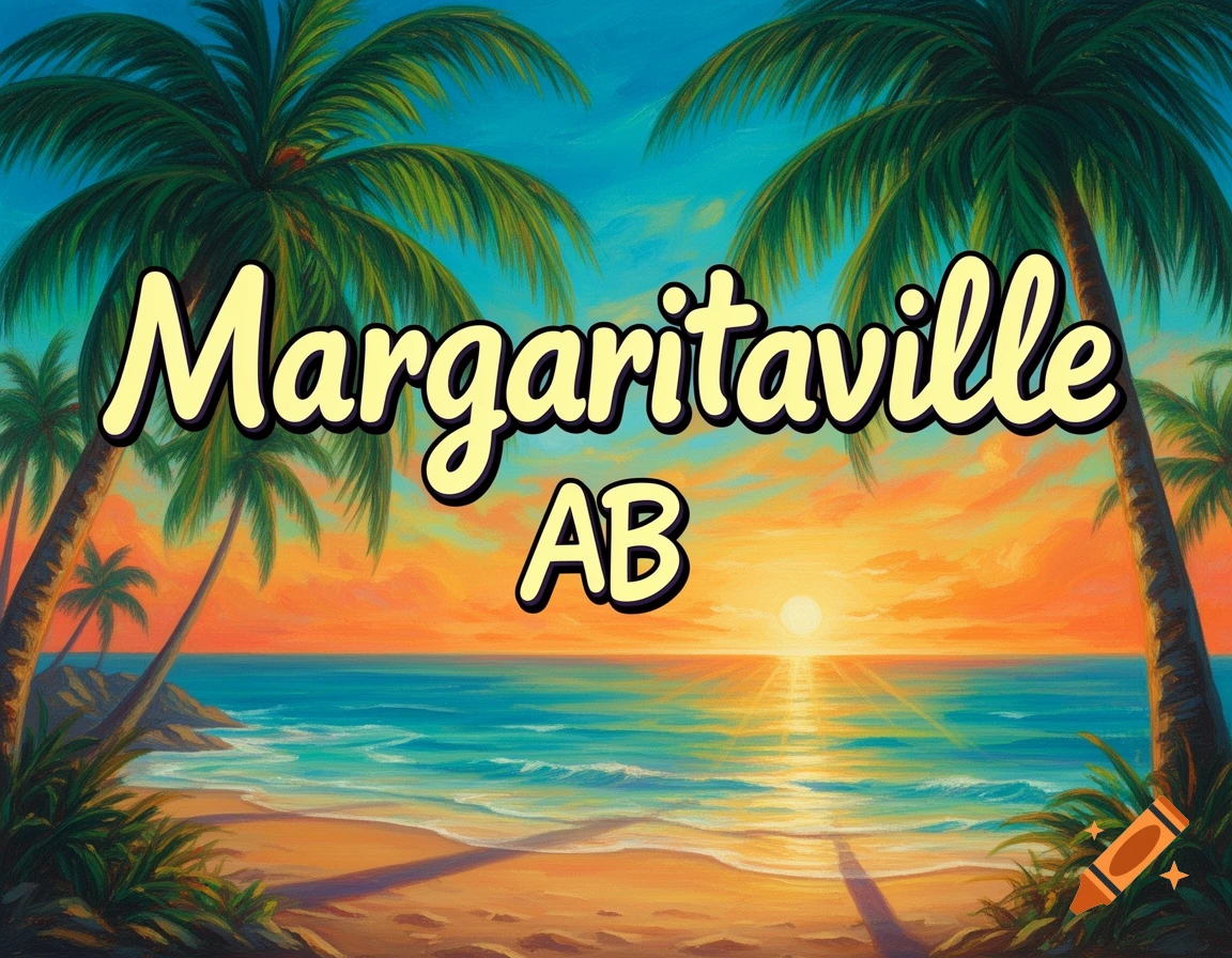 Vibrant painting of a tropical beach at sunset with palm trees, ocean waves, and the words "Margaritaville AB".