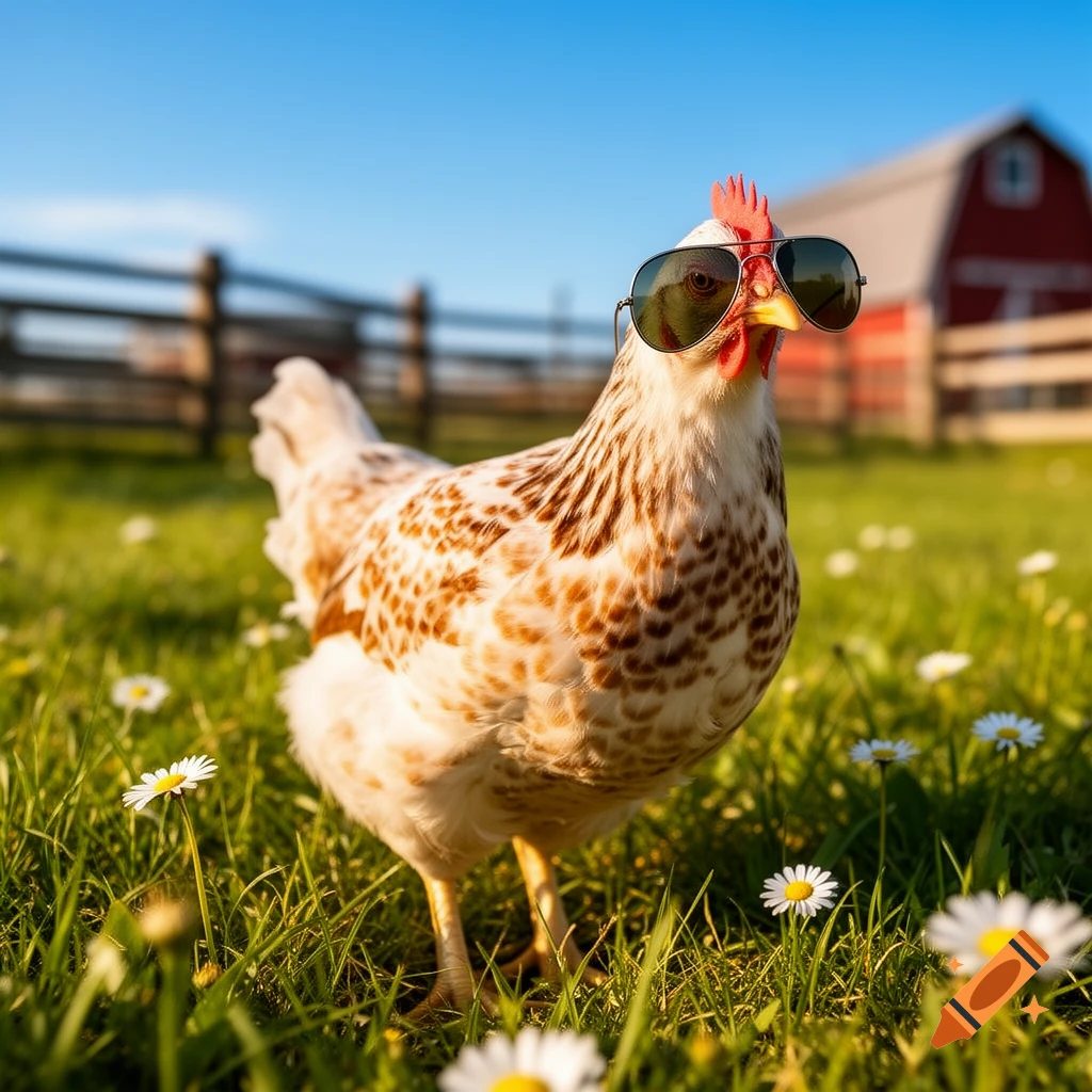 A chicken wearing aviator sunglasses stands in a sunny, grassy field dotted with white daisies, with a red barn in the background.