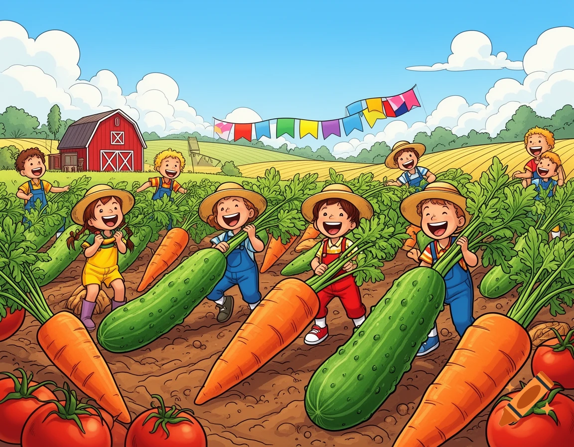 Happy cartoon children in straw hats and overalls harvest oversized carrots, cucumbers, and tomatoes on a farm with a red barn.