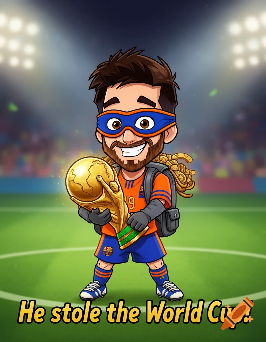 Cartoon of Messi in a superhero mask, holding the World Cup trophy on a football field. Text reads 'He stole the World Cup!'.