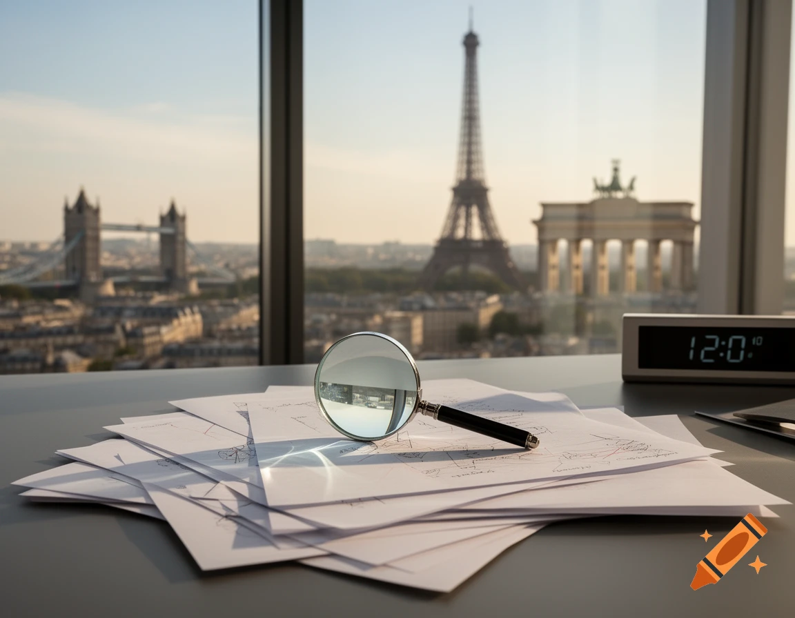 Papers and a magnifying glass on an office desk with a window view of the Eiffel Tower, Tower Bridge, and Brandenburg Gate.