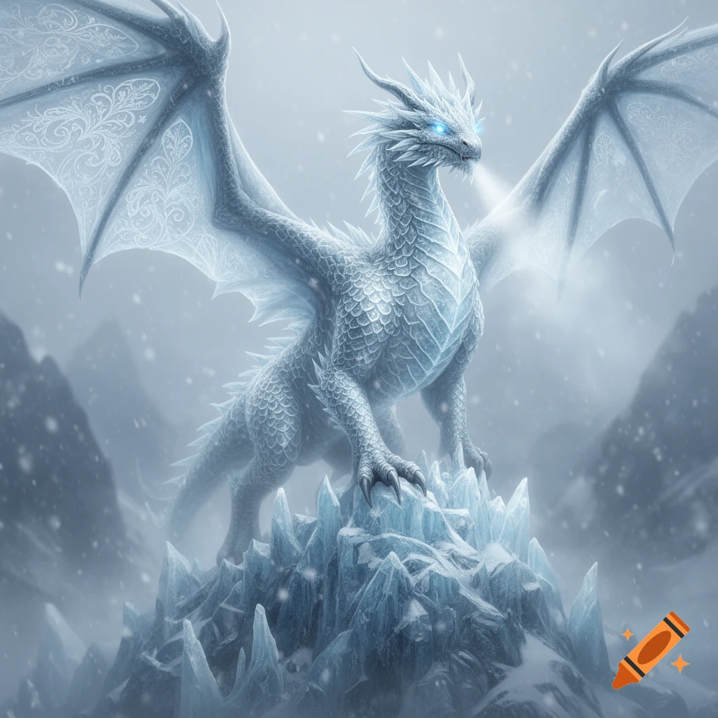 A majestic white ice dragon with glowing blue eyes stands on a jagged ice peak, breathing frost in a snowy mountain landscape.