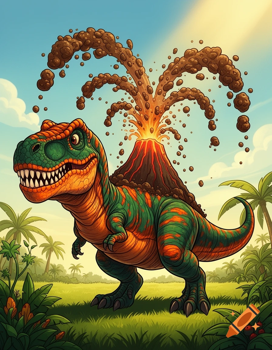 A cartoonish tyrannosaurus rex with a volcano on its back spewing brown mud stands in a prehistoric jungle.