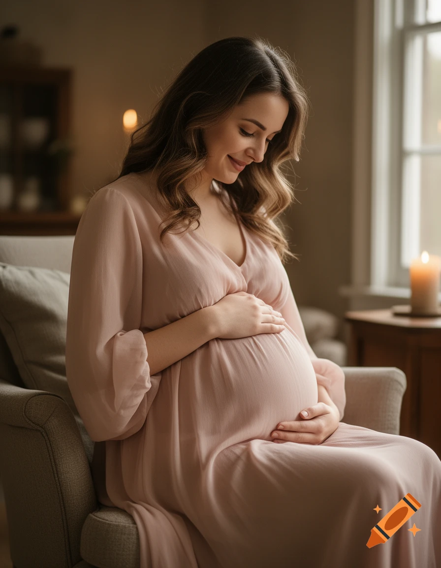 Smiling pregnant woman in a pink dress gently holds her belly while sitting in a warmly lit room.