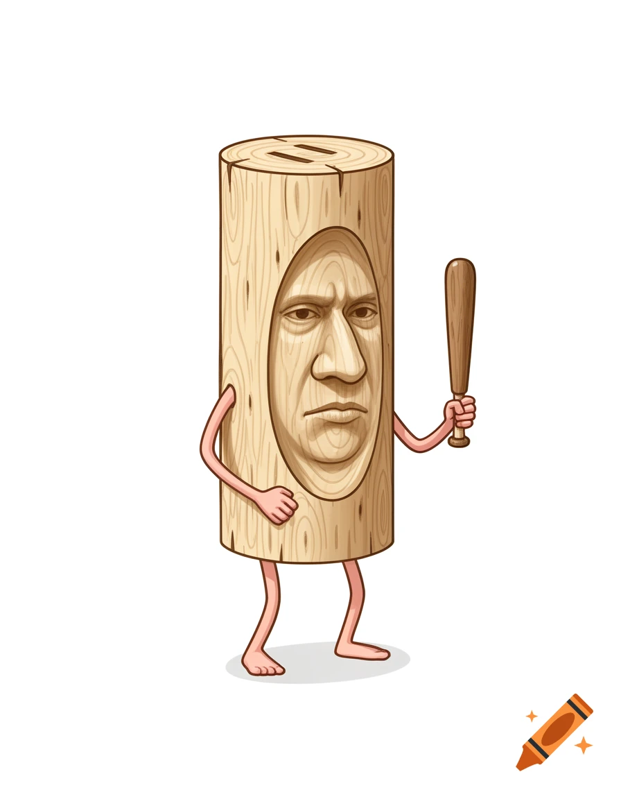 A cartoon log with a serious carved human face, thin arms and legs, holding a wooden baseball bat on a white background.