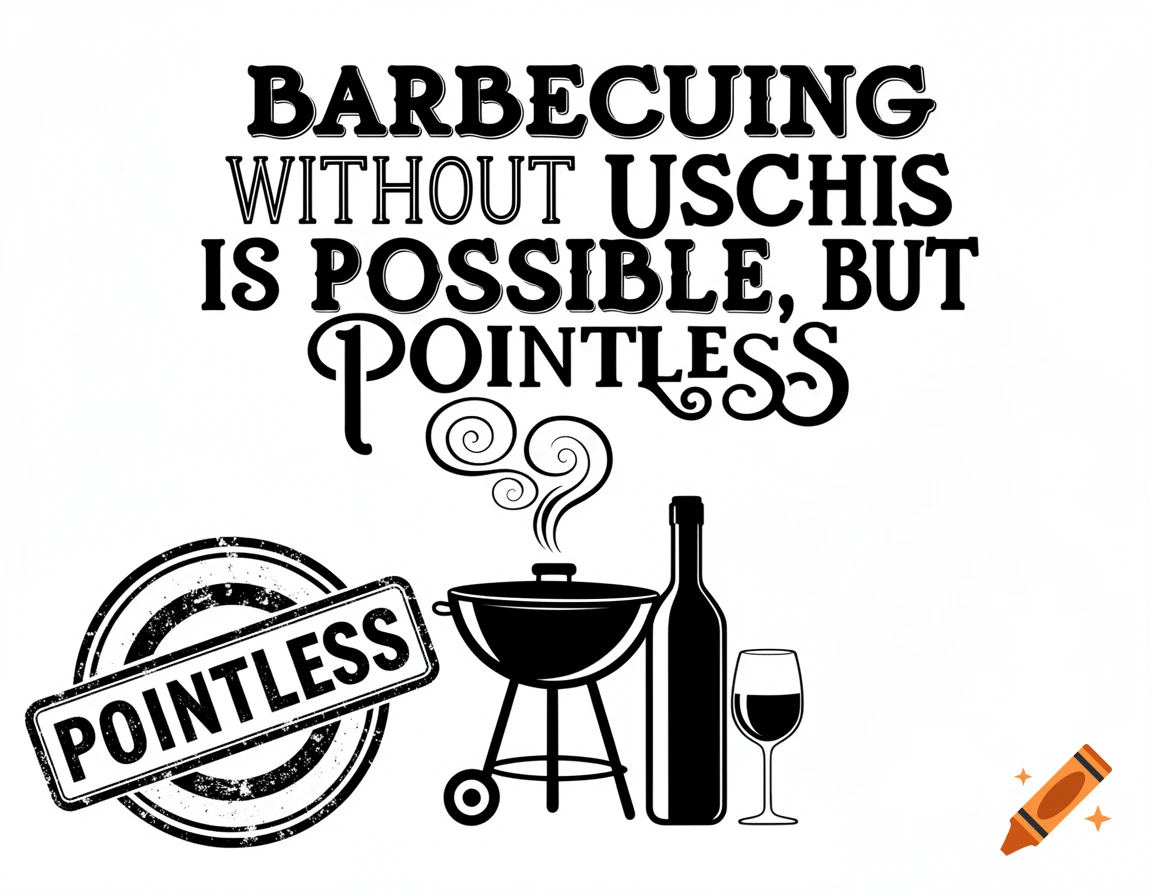 Black and white graphic with the phrase Barbecuing without Uschis is possible, but pointless, a grill, wine bottle, and a 'POINTLESS' stamp.